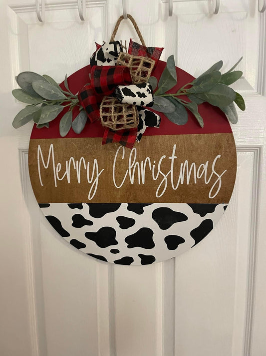Merry Christmas Cow Print Door Hanger