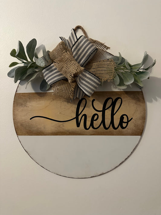 Hello Door Hanger White/Stained Distressed